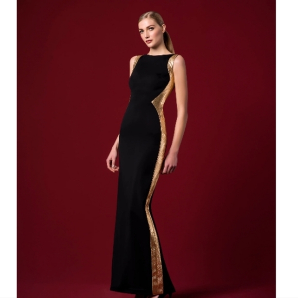 Leatherette Gold Panel Slit Front Maxi Black Dress Miss Morena Large - Picture 10 of 10